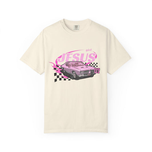 Christian Girl | Pink Race Car Graphic T-shirt | Christian Faith Based T-shirt
